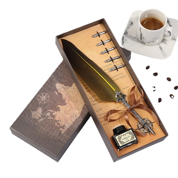 Partheme Map Design Creative Fountain Pen Gift Box, Feather Quill Pen with Crown Accent, Vintage Writing Set for Calligraphy, Fathers Day Gifts for Husband, G