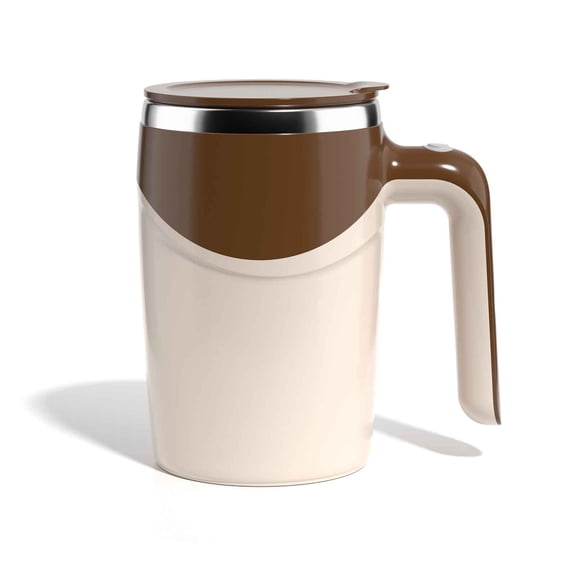 Partheme -Stirring Coffee Mug One Button Reusable Mixing Cup for Coffee Tea Hot Chocolate Coffee Brown, B