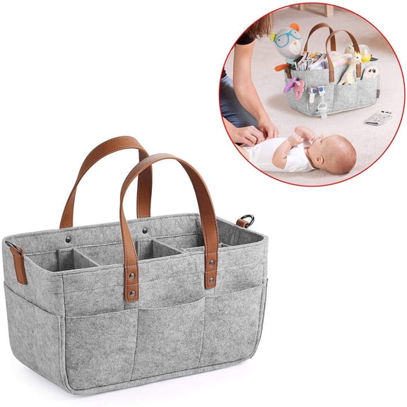 Partheme Storage Basket - Storage Bin With Handle Diaper Caddy Organizer, Multiple Compartments Caddy, Collapsible Tote Bag with Handles, Organizer for Diapers, French grey