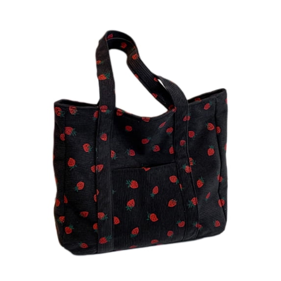 Partheme Strawberry Corduroy Tote Bag for Women Girls Handbags Shoulder Bags with Zipper for College Work Travel Shopping , Black