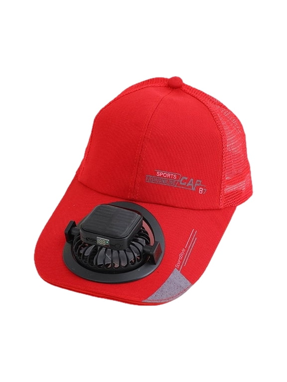 Summer Solar Powered Rechargeable Fan Hat for Sun Protection, Semi Mesh Extended Brim Breathable Unisex Cap, Hands Free Cooling, Red