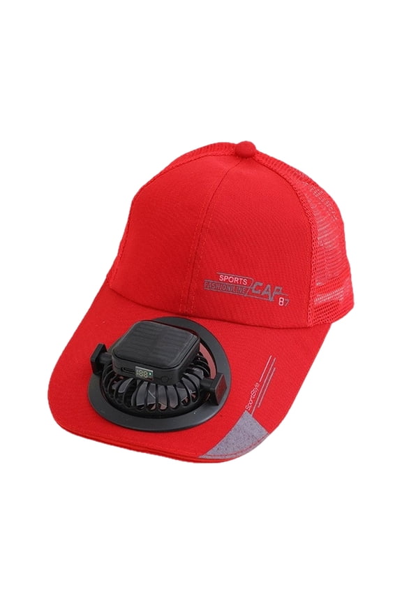 Summer Solar Powered Rechargeable Fan Hat for Sun Protection, Semi Mesh Extended Brim Breathable Unisex Cap, Hands Free Cooling, Red