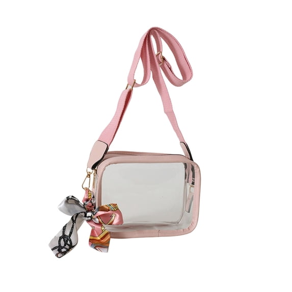 Partheme Summer Wide Strap Small Square Bag Transparent Shoulder Crossbody Phone Purse, Clear PVC Handbag for Stadium, Concert Travel Daily Use, Pink