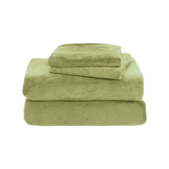 Partheme Velvet Fitted Sheet and Pillowcases Set, Luxury Soft Fuzzy Bottom Sheet with Reinforced Elastic Corner Straps, Deep Pocket, 1 Fitted Sheet and 2 Pillowcases, Light Green