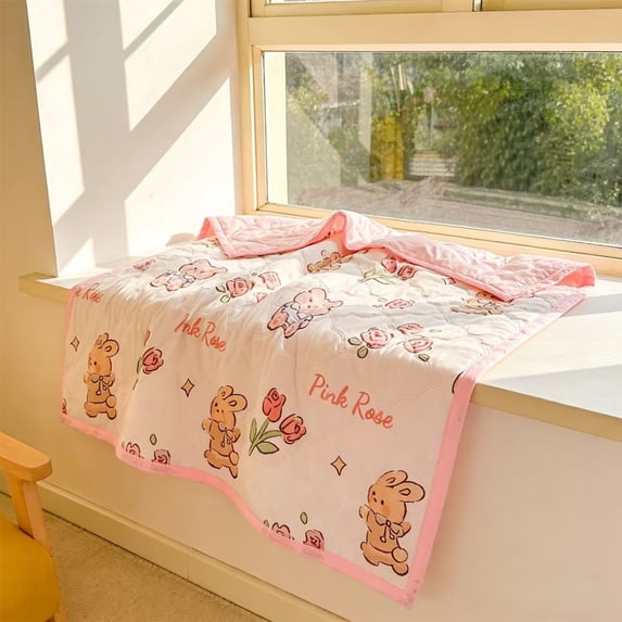 Partheme Washed Cotton Quilt Soft Breathable Baby Summer Quilt Blanket Cute Little BearPattern Toddler Bed Blanket, Lightweight, Machine Washable, S