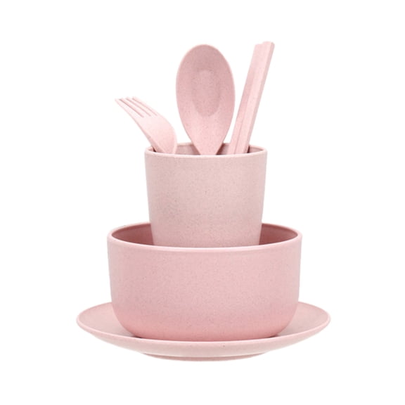 Partheme Wheat Straw Tableware Set Rice Bowl Dish Plate Cup 6 Pieces, Portable Knife Fork Spoon Chopsticks Gift for Camping Travel, Pink