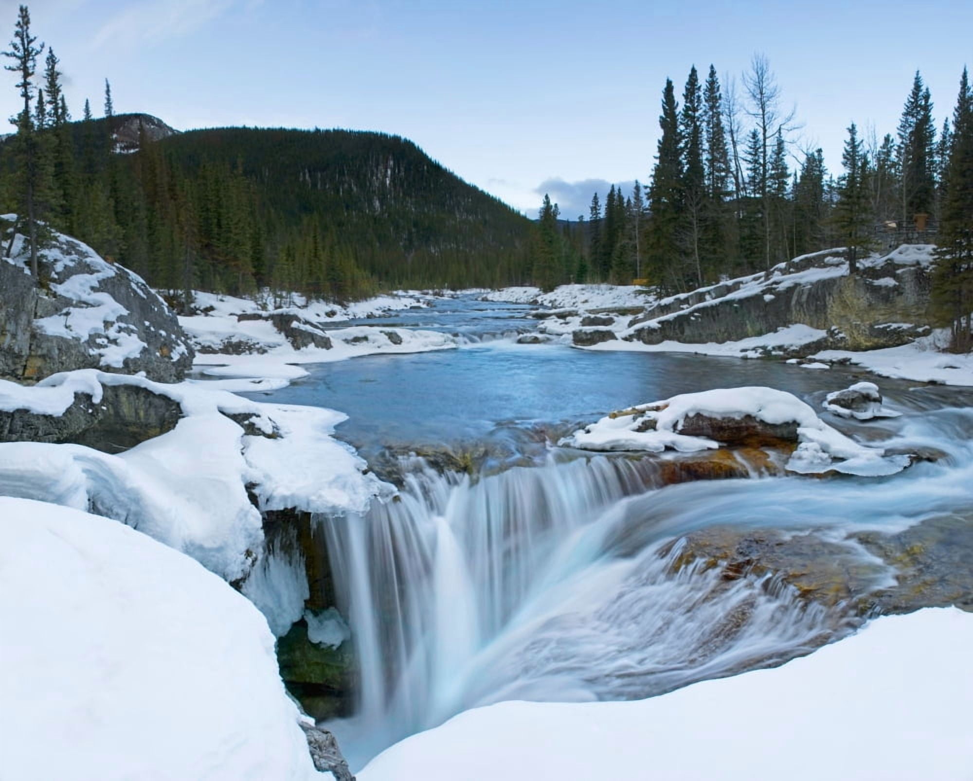 Partially Frozen Waterfall In The Canadian Rockies Bragg Creek Alberta Canada Canvas Art - Philippe Widling Design Pics (34 x 26)