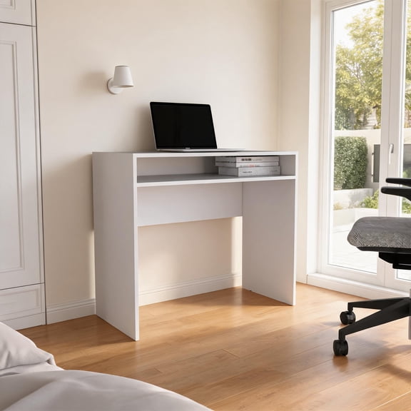 Particle Board Classic White Writing Desk for Home Office Work, Minimalist Contemporary 35 Inch Wide