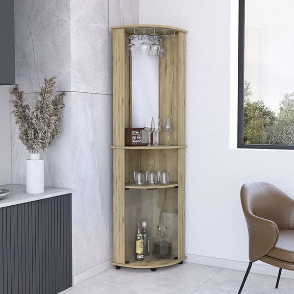 Macadamia Finish, Three Shelves - Corner Bar Cabinet for Limited Spaces