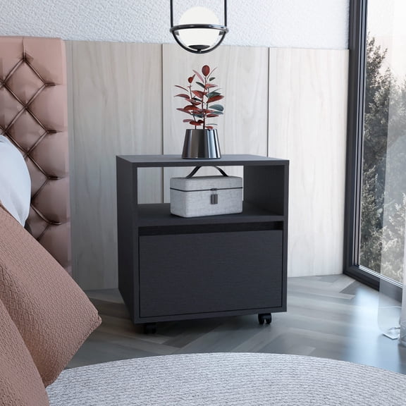 Particle Board End Table with Caster Wheels and Drawer / Space-Saving for Bedroom