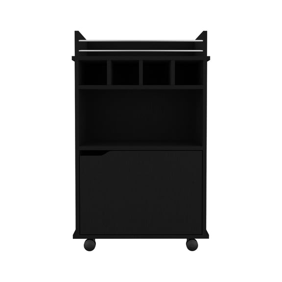 Particle Board Filled Black Bar Cart | Four Wine Slots, Cabinet Space for Big Items in Living Room