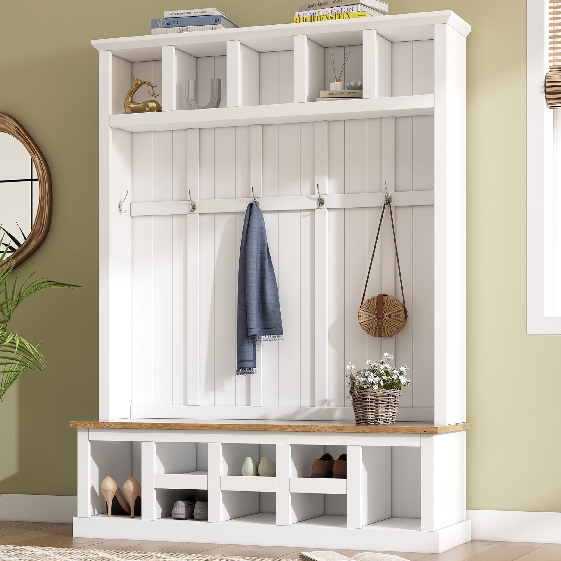 Particle Board Hall Tree with Wide Storage Seating Bench Coat Rack with 13 Compartments and 6 Hooks for Hallways Halls Bedrooms and Living room White Walmart