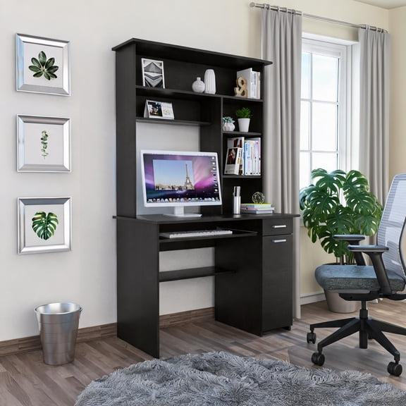 Particle Board Hutch Desk, Home Office Workstation, Matte Black, With Built-in Storage Features