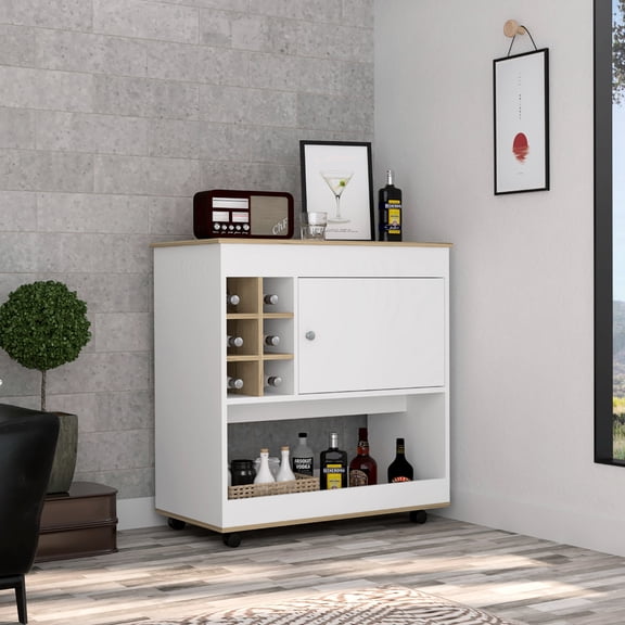 Light Oak/White Finish - Six Bottle Storage Cubbies - Living Room Bar - Keep Drinks Organized