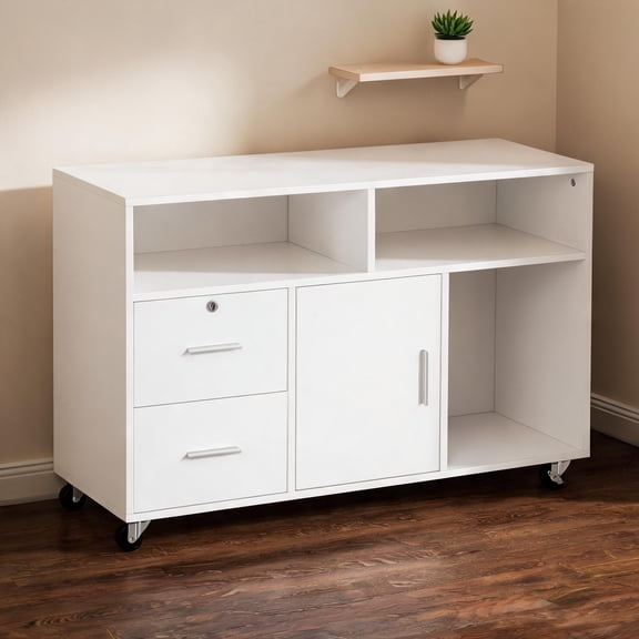 Particle Board Mobile Rolling Storage Cabinet Printer Stand for Home Office Soft White with Lockable Drawers