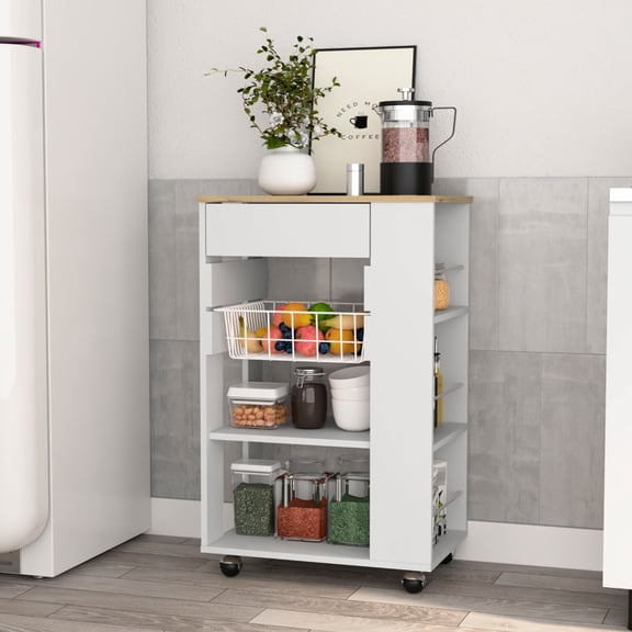 Particle Board Service Cart - One Drawer, Two Open Shelves, Four Wheels White/ Oak Kitchen With And Modern White /
