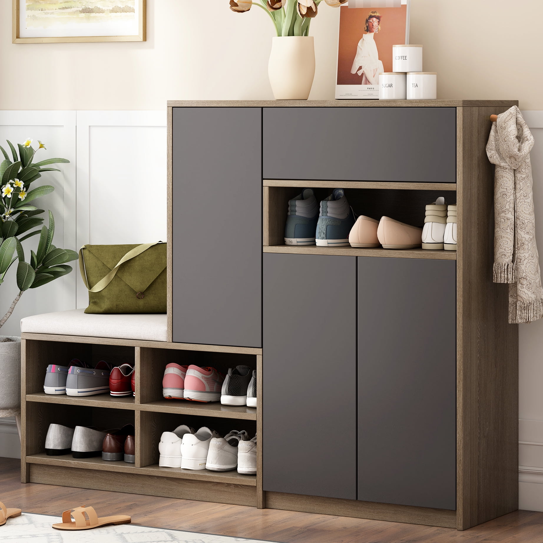 Particle Board Shoe Cabinet, Dark Grey, With Adjustable Shelves And ...