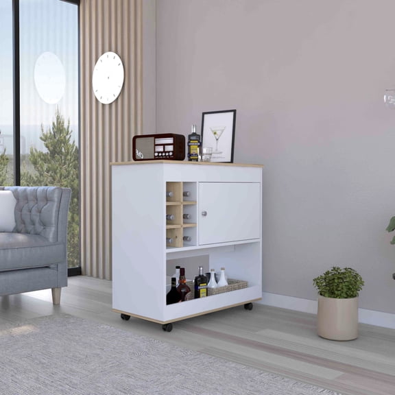 Particle Board | Six Wine Rack Cubbies, Ample Low Shelf, Four Caster Wheels | Dining Room