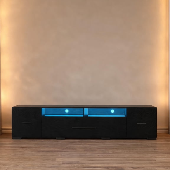 Particle Board TV Console with Storage, Jet Black, LED Lighted, App Control, for 80-Inch TVs