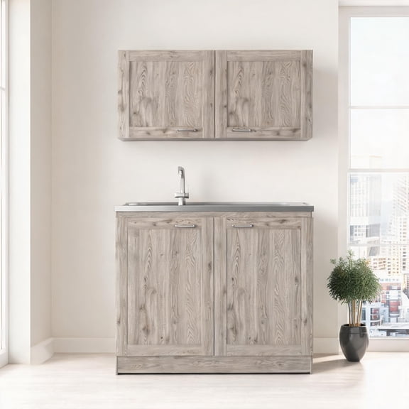 Particle Board Two-Piece Storage Cabinet Set, Slate Gray for Indoor Home Storage and Organization