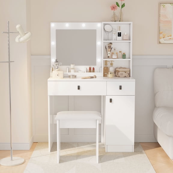 Particle Board Vanity Set | 3 - Light Brightness Adjustable in Bedroom | Extra Deep Drawers for Beauty Items