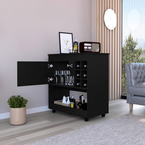 Particle board bar cart black finish six bottle storage cubbies and a cabinet suitable for all room spaces