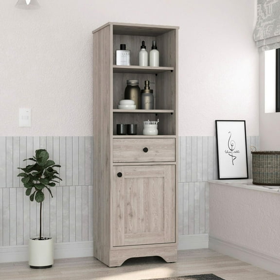 Particle board build - Two interior shelves - Mudroom organization - Gray single door storage unit