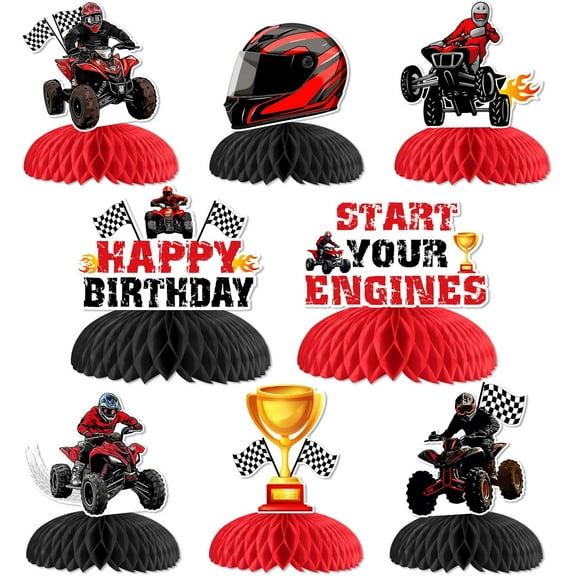 Partiqla 8Pcs Four Wheeler ATV Quad Bike Honeycomb Centerpieces 4 Wheeler Birthday Party Decor Happy Birthday Dirt Bike Table Centerpieces Start Your Engines Motorcycle Table Toppers for Boys Girls