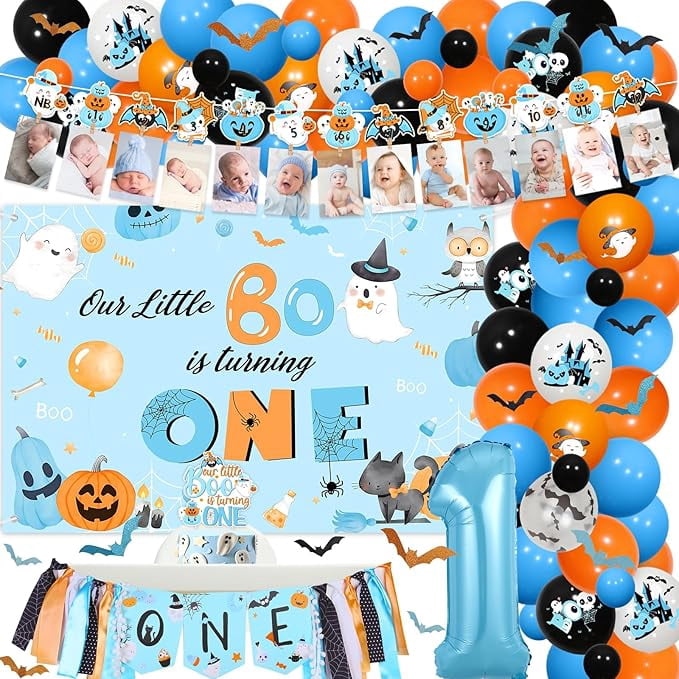 Partiqla Halloween 1st Birthday Party Decor Blue Our Little Boo is Turning One Backdrop High Chair Banner Foil Balloon Ghost Pumpkin Photo Banner Cake Bat Sticker Balloon Garland Arch Kit for Boys