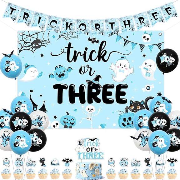 Partiqla Halloween 3rd Birthday Party Decorations Blue Trick or Three Backdrop Banner Black Cat Ghost Cake and Cupcake Toppers 3D Bat Stickers Latex Balloons for Boys Third Birthday Party Supplies