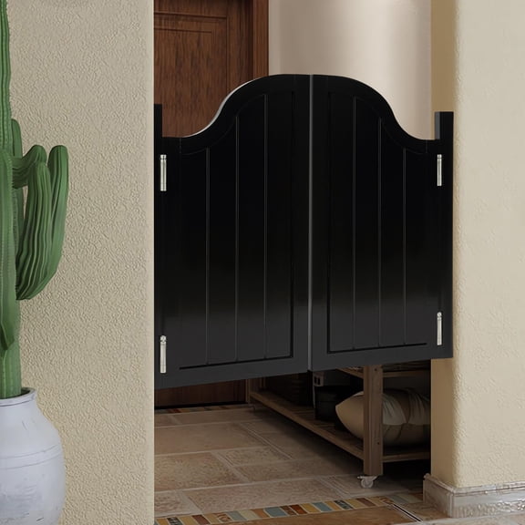 Partition Door with Hinges, 180 Swing Double Door for Passageway, Solid Pine Wood Entrance Divider with Frame  39.4 W x 35.4 H, Black, for Caf Restaurant Kitchen Hallway Home