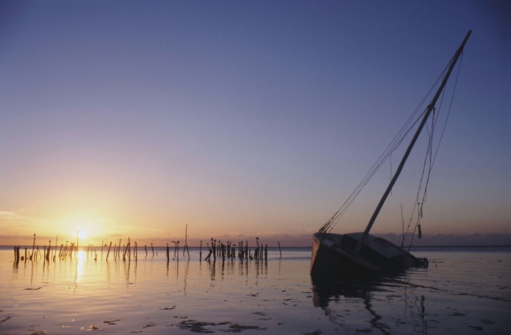 Partly Submerged And Keeling Sail Boat In Silhouette At Sunset Canvas Art - James Sparshatt Design Pics (34 x 22)