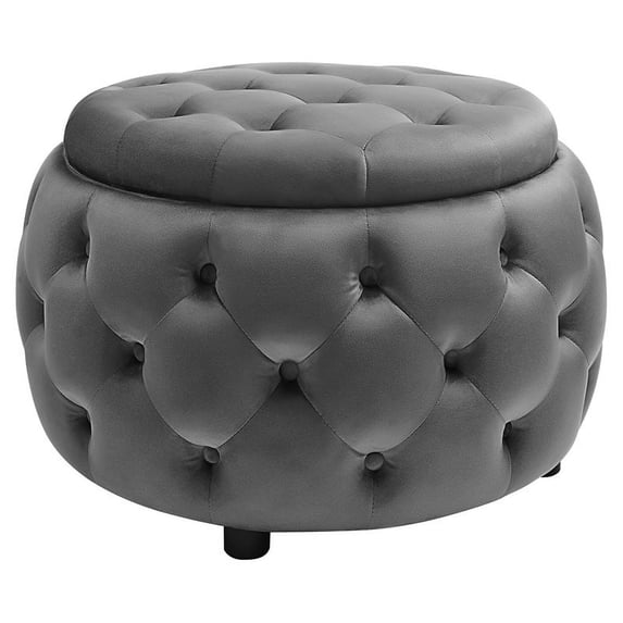 Partner Furniture 28" Round Velvet Tufted Storage Ottoman in Gray