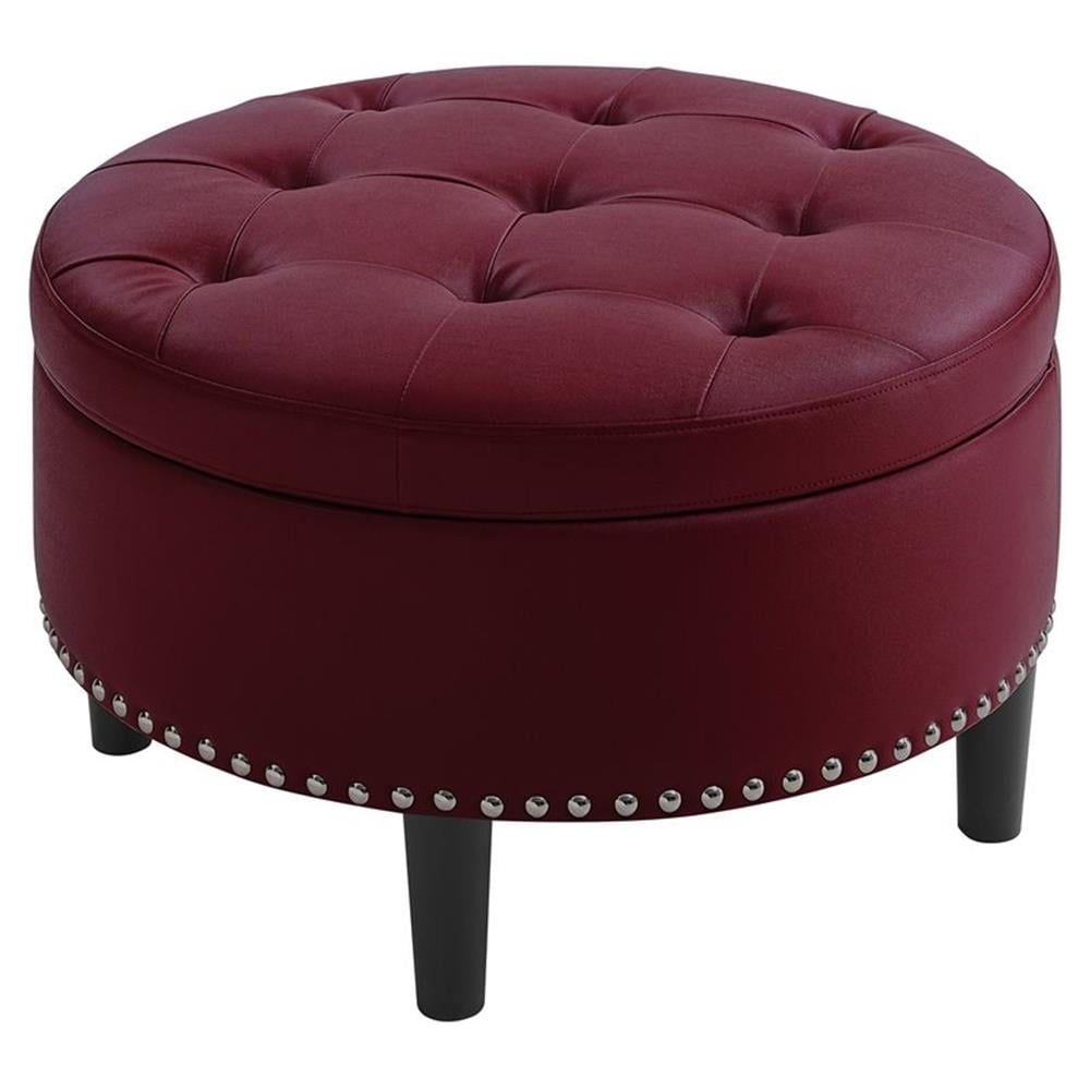 Brick Red Round Tufted Faux Leather Storage Ottoman