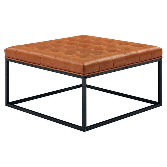 Partner Furniture Square Faux Leather Tufted Cocktail Ottoman in Orange Brown