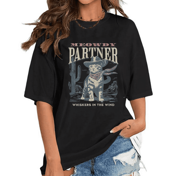 Partner Whiskers In The Wind Print s Vintage Western Cat Graphic s Funny Cat Lover Short Sleeve Tops Casual Cotton Shirts for Daily Outfits Black,4XL