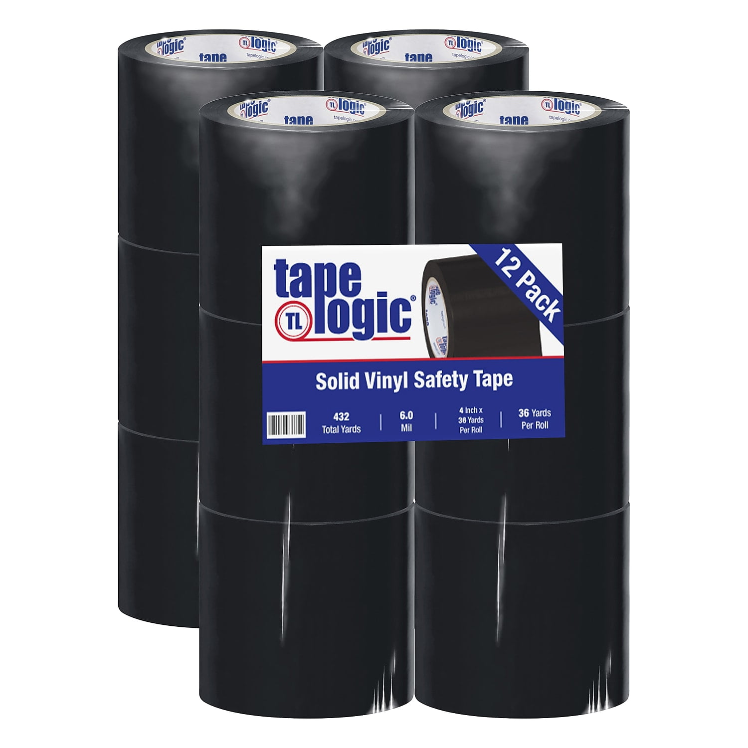 BOX Packaging Solid Vinyl Safety Tape, 3" Core, 4" x 36 Yd., Black, Case Of 12