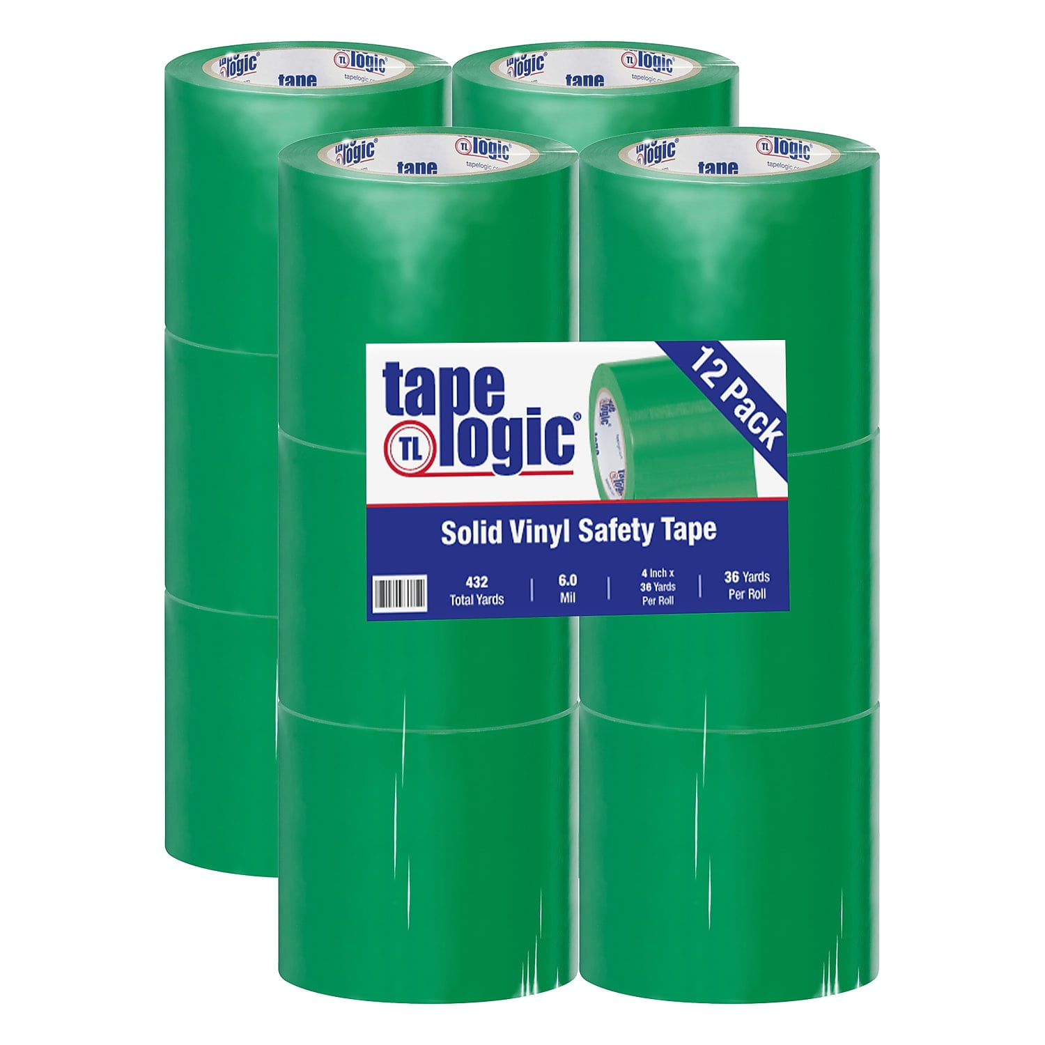 BOX Packaging Solid Vinyl Safety Tape, 3" Core, 4" x 36 Yd., Green, Case Of 12