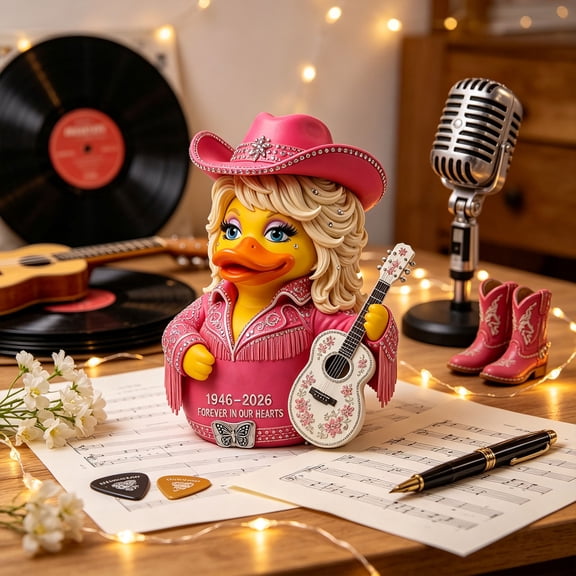 Parton Memorial Duck Dolly Memorial Duck Figurine Country Music Tribute Collectible Duck Statue Guitar Themed Decorative Keepsake Music Lover Gift for Home Office Shelf