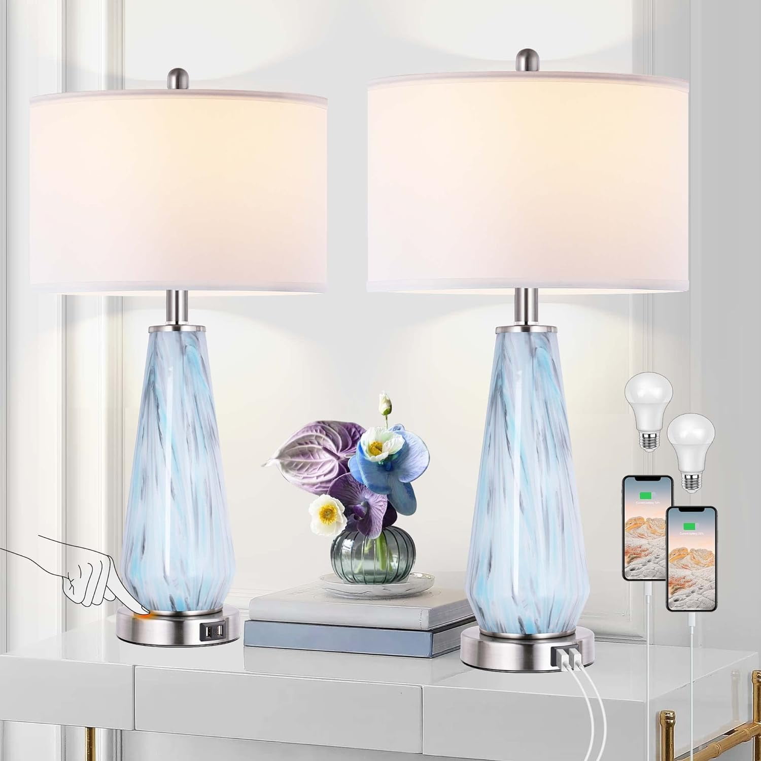 Partphoner 27" Tall Modern Glass Blue Gray Table Lamp Set of 2 with USB Ports, 3-Way Dimmable