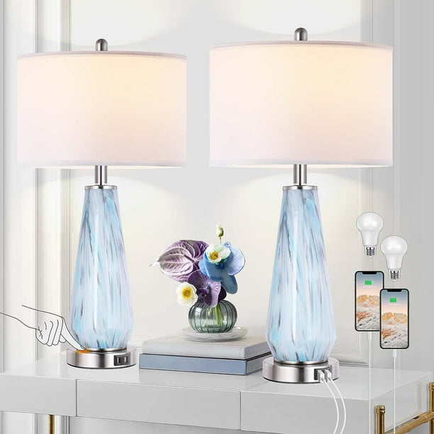 Partphoner 27" Tall Modern Glass Blue Gray Table Lamp Set of 2 with USB