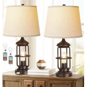 Partphoner Farmhouse Rustic Nightstand Lamp Set of 2 with USB Ports, Touch Control 3-Way Dimmable