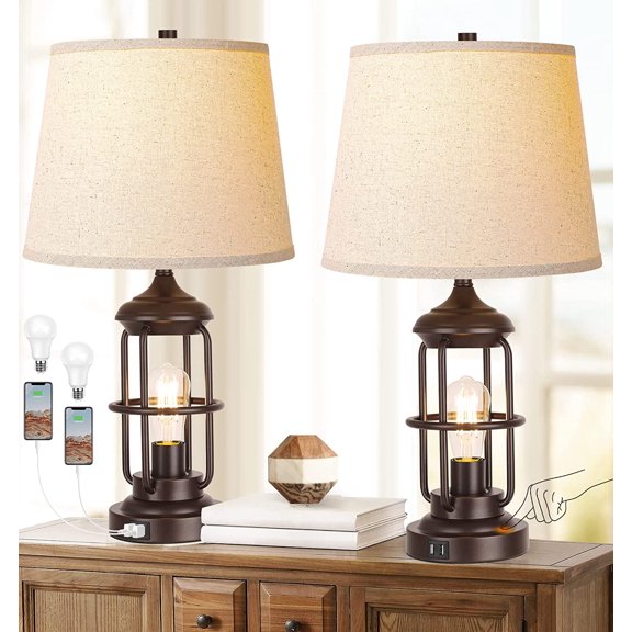 Partphoner Farmhouse Rustic Nightstand Lamp Set of 2 with USB Ports, Touch Control 3-Way Dimmable