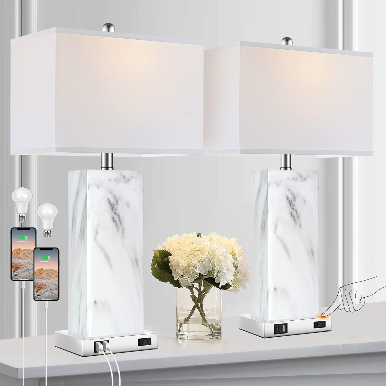 Partphoner Modern Ceramic Touch Control Table Lamp Set of 2 with 2 USB Ports, 3-Way Dimmable