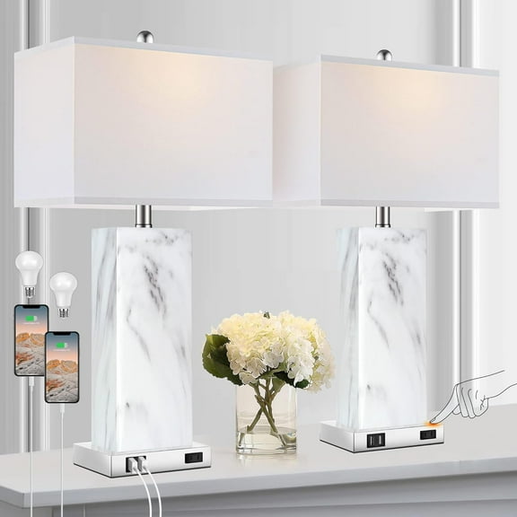 Partphoner Modern Ceramic Touch Control Table Lamp Set of 2 with 2 USB Ports, 3-Way Dimmable