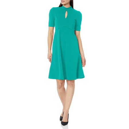 London Times Keyhole Puff Sleeve Polished Chic Flounce Hem Dress Color: EMERALD, Size: 16