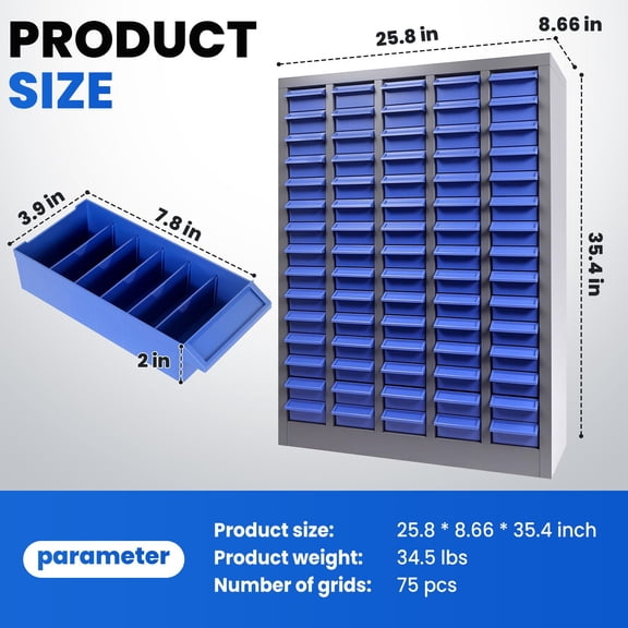 75 Drawers Bolt and Nut Organizer Parts Cabinet, Heavy Duty Metal Organizer with ABS Material, Rust-proof for Workshop Factory Lab Garage Storage