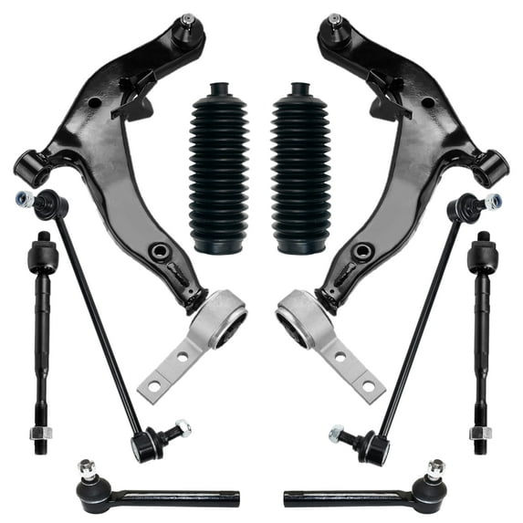 PartsW - 10 Pc Front Lower Control Arms, Sway Bar End Links, Outer & Inner Tie Rod Ends, Steering Gear Bellows, Suspension Kit for Nissan Murano 2003-2004