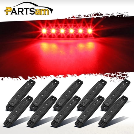 Partsam 10Pcs 3.8" Thin Red Led Side Marker Clearance indicator Lights 6 LED Smoke Lens Waterproof 12V For Trailer Lorry Van Bus