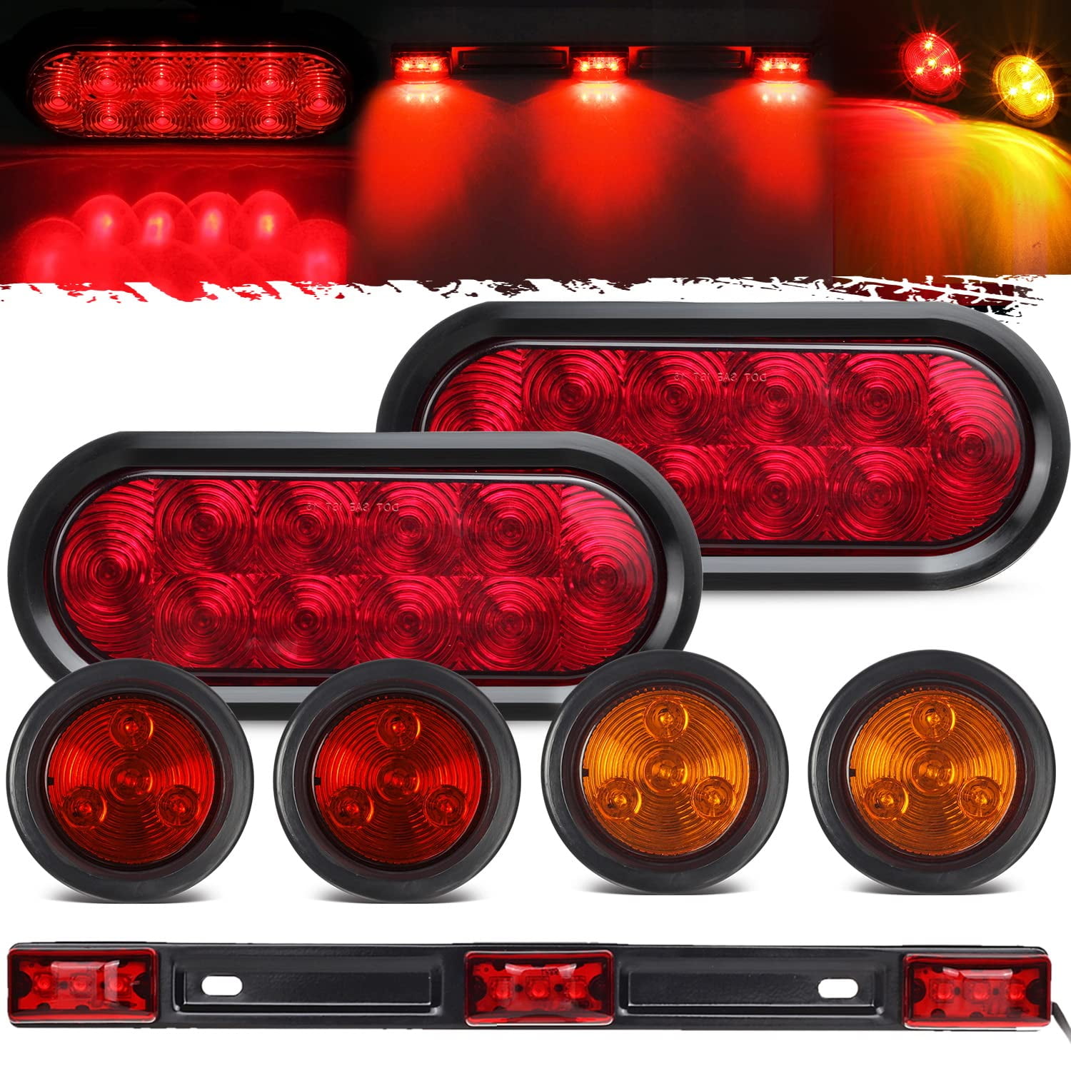 Partsam 12v LED Truck KEF16 Trailer Light Kit 6 Oval Red Stop Turn Tail ...